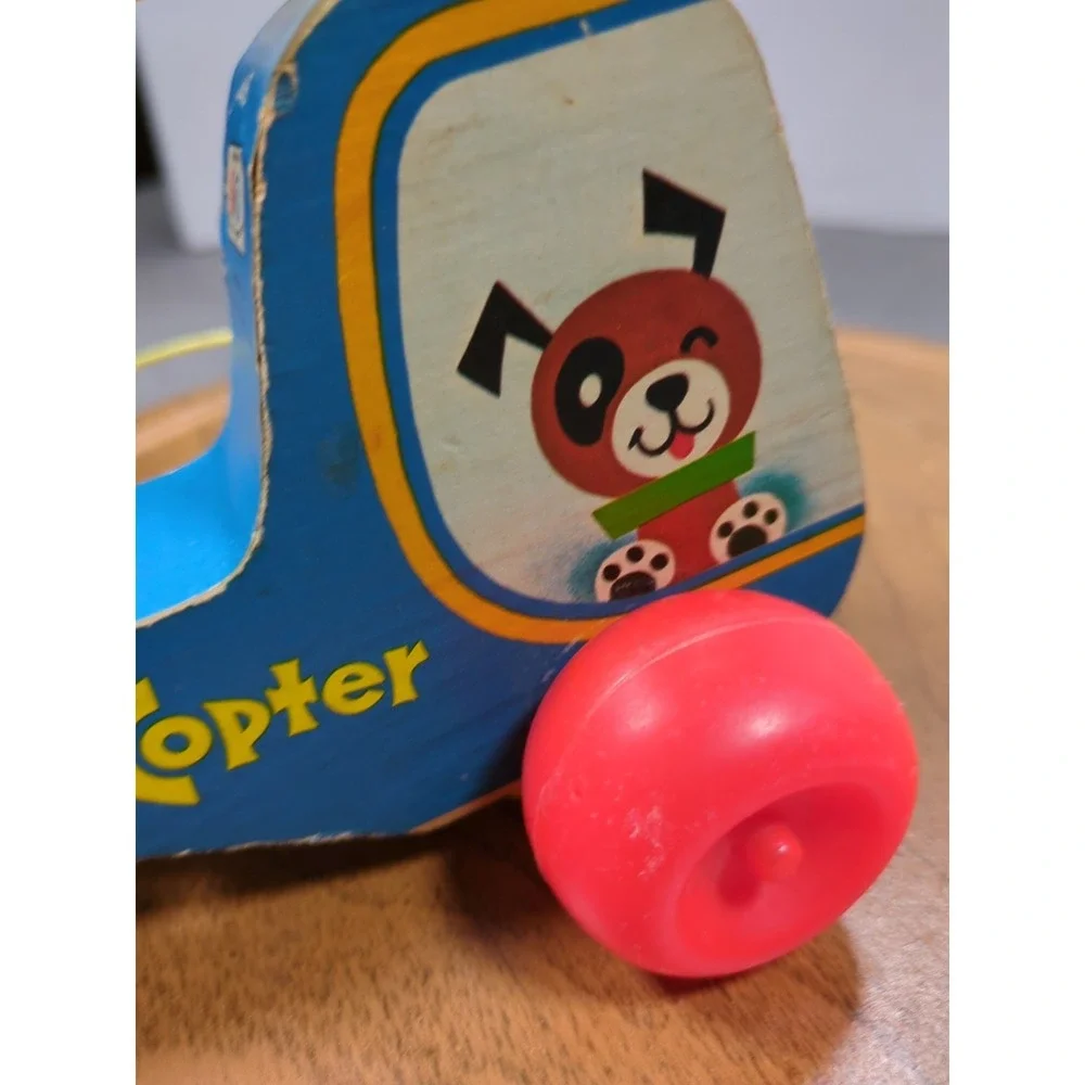 Vtg 1970 Fisher Price Mini Copter Pull Toy 448 Wood Helicopter Works Gnawd Strng